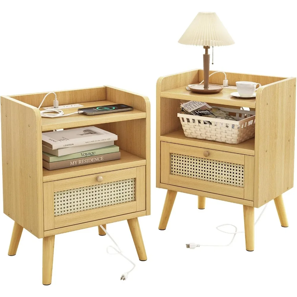 Nightstands Set of 2 with Charging Staion, Night Stand with Rattan Decor Drawer, Open Storage Side Table Bedside Table