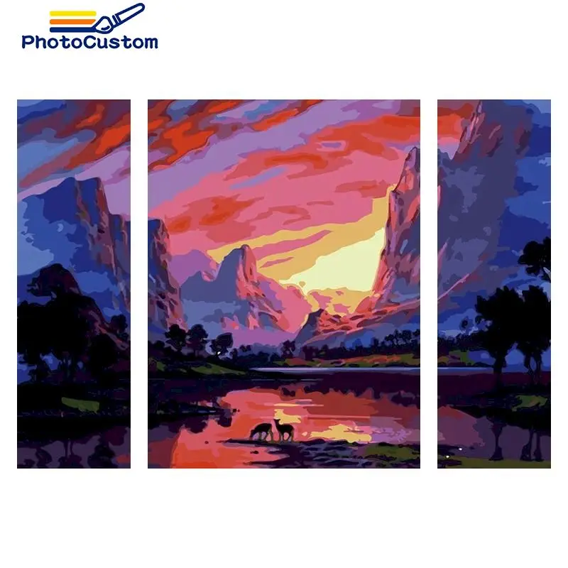 

PhotoCustom 3PC Painting By Number Sky and mountain Drawing On Canvas HandPainted Art Gift DIY Pictures By Number landscape Kits