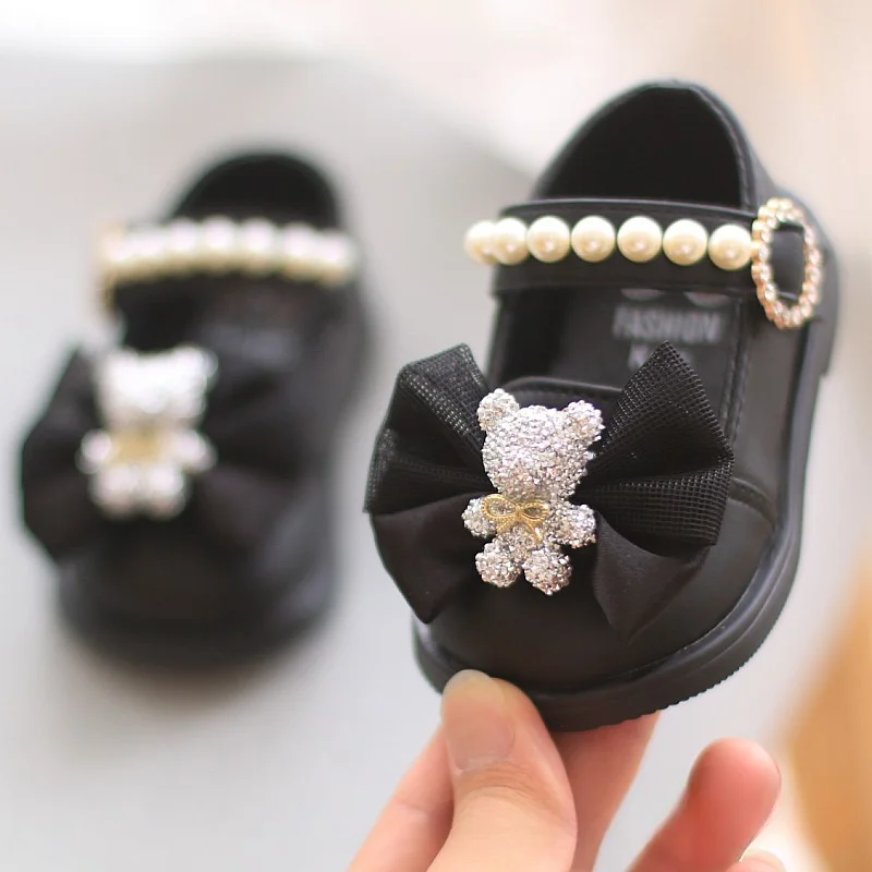 Kids Shoes Cartoon Bow Square Mouth Toddler Shoes Girls Baby Party Wedding Dance New Princess Leather Shoes Children Sneakers