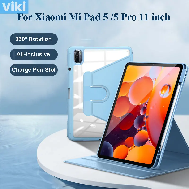 เคสสำหรับ Xiaomi Mi Pad 5 Pro พร้อมช่องเสียบปากกาแท็บเล็ตหมุนได้360องศาสำหรับ Xiaomi Mi Pad5 Pro 11เคสขาตั้งแม่เหล็ก2021