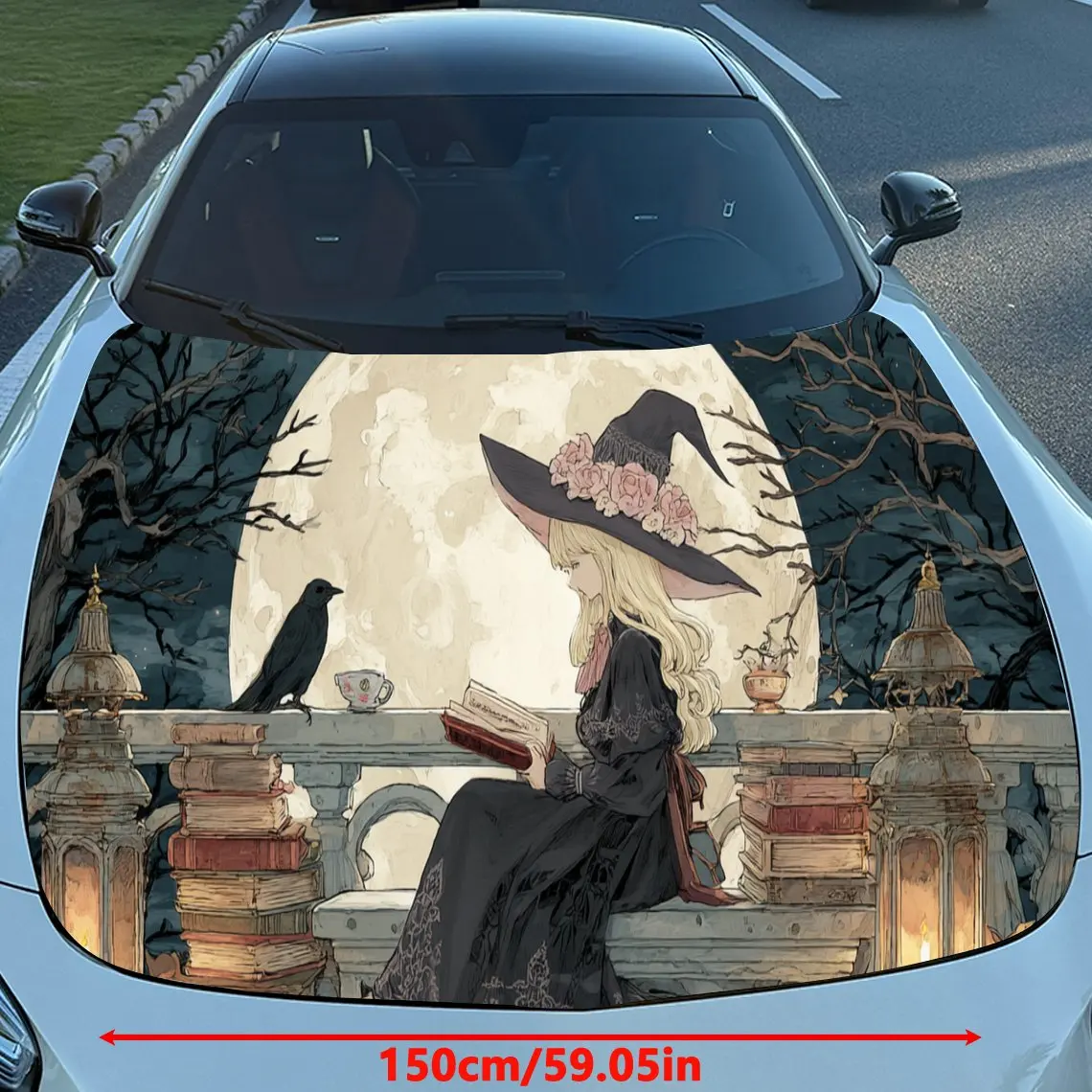 Witch Reading by Moonlight Car Engine Hood Vinyl Wraps Sticker, Trendy Auto Cover Decal, Waterproof Self-adhesive Vehicle Decal,