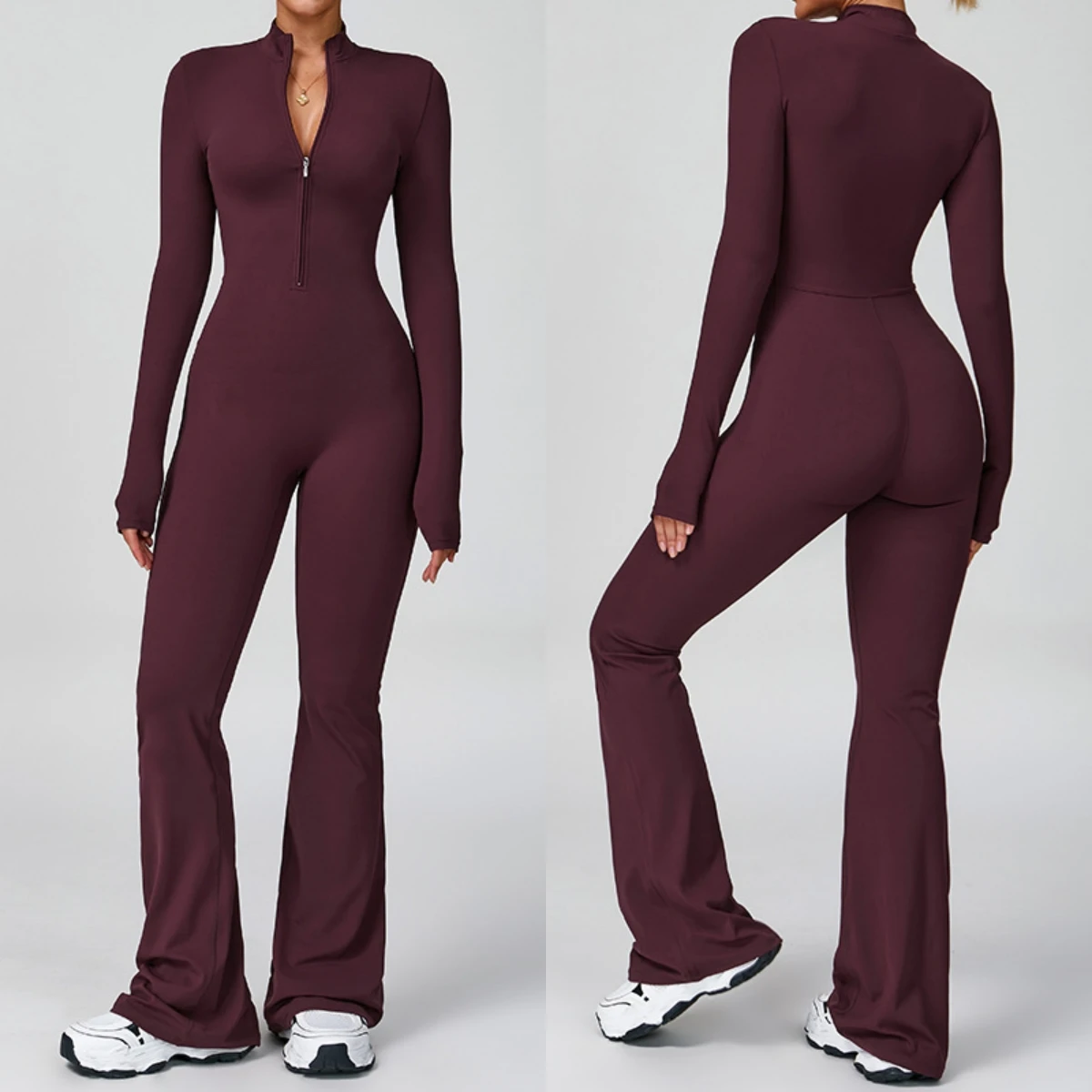 Women Long Sleeve Yoga Jumpsuit Half Zip Stand Collar Flared Bodycon Bell Bottom One Piece Romper Gym Workout Clothes Sportswear
