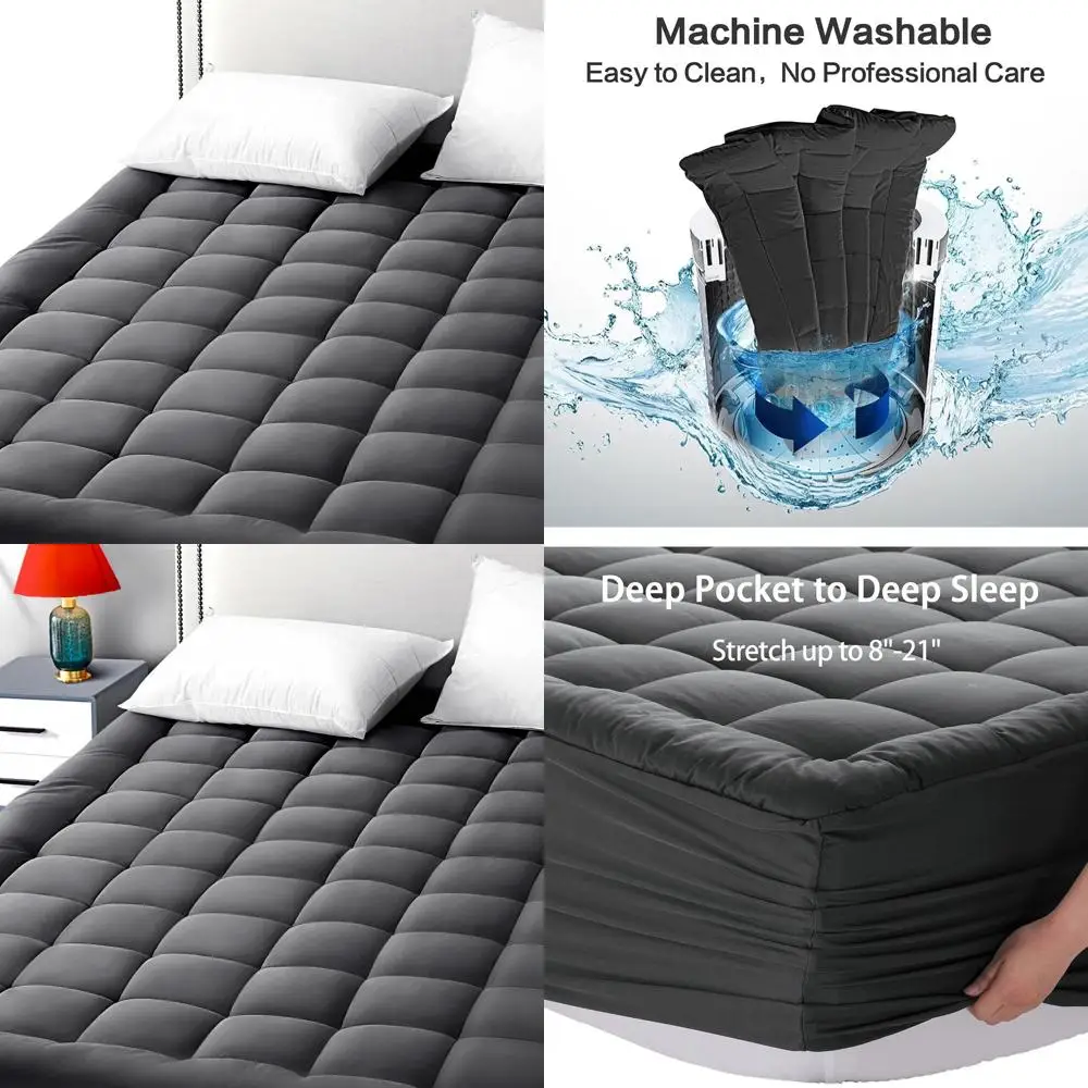 

72x84 Pillow Top Mattress Pad, Quilted Protector, 8-21 Pocket, Cooling, Deep Pocket, Cotton Top, Dark Grey
