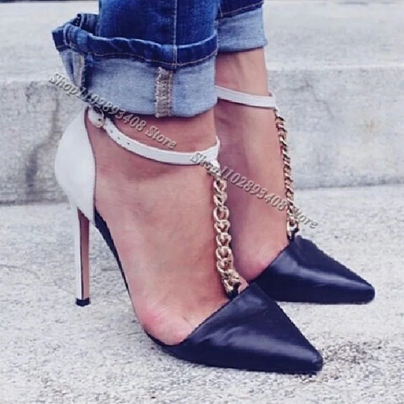 Bicolor Chain Decor T Strap Pumps Pointed Toe Ankle Buckle Stiletto Heels for Women Dress Party Shoes 2024 Zapatos Para Mujere