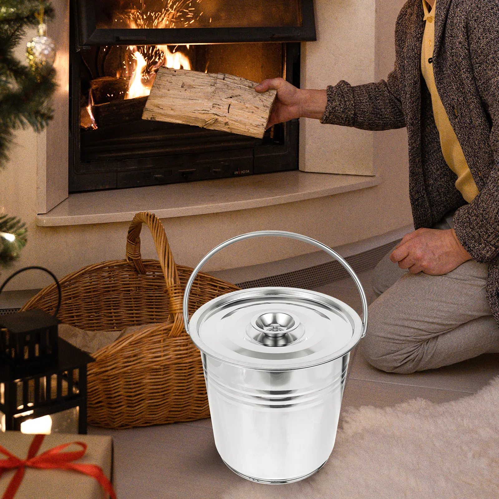 

Stainless Steel Ash Bucket 7L Thick 201 Material Fireplace BBQ Coal Holder Durable Storage Can Metal Container Outdoor