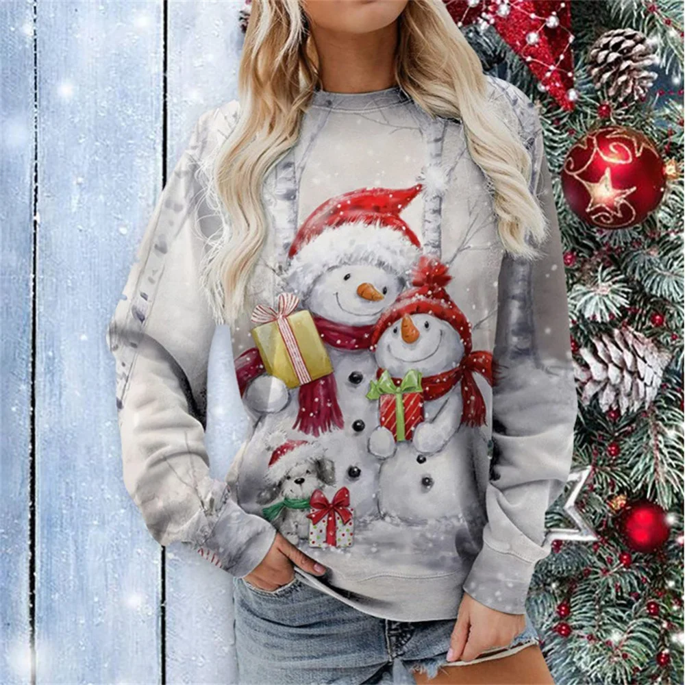 2024 New European and American Christmas Snowman 3d Printed Women's Round Neck Long Sleeved Autumn Casual Pullover Top