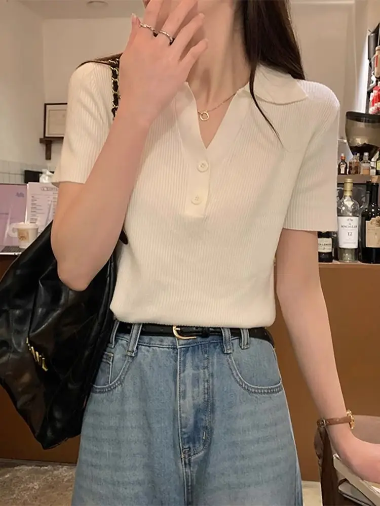 

Women Ribbed Button Up Shirt Female Plain Short Sleeve Candy Colors Top Stretchy Slim Tee Shirts Knitting Fashion Pullover Q369