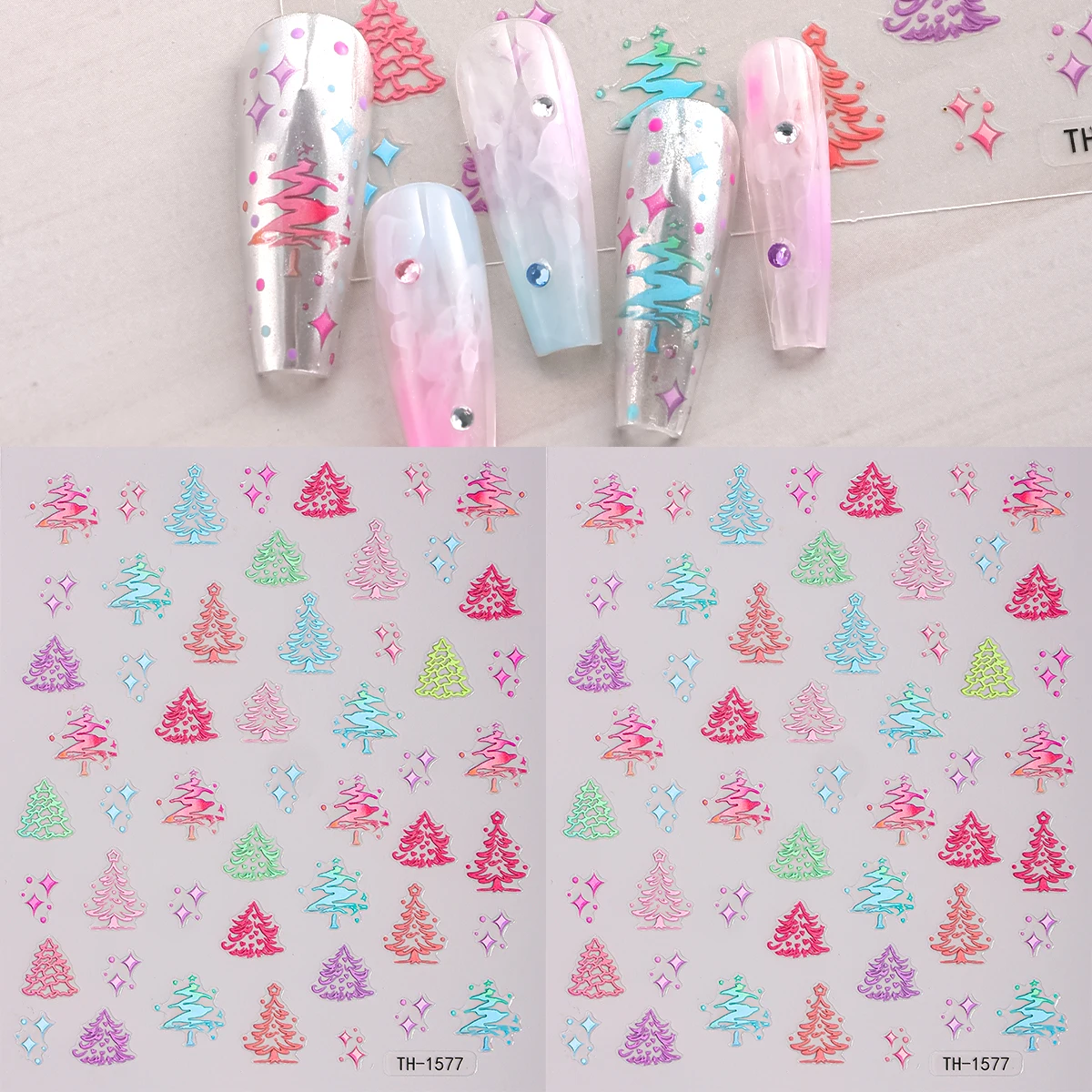 Autocollant 3D coloré pour Nail Art, 2 pièces, étoiles d'arbre de noël, décalcomanies auto-adhésives pour décoration de manucure à faire soi-même