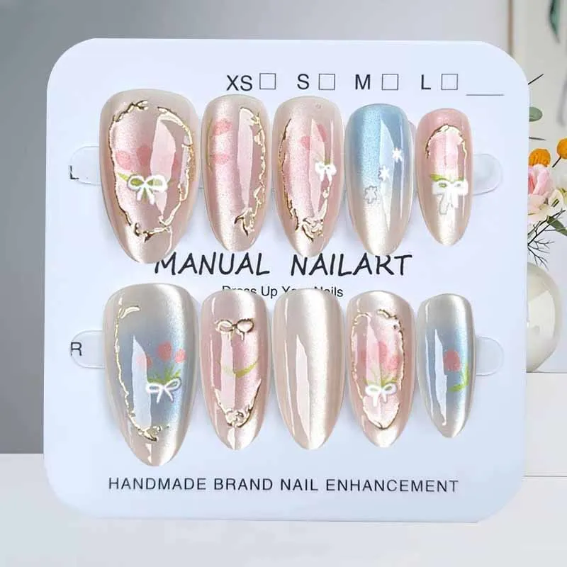 10 pièces Style français amande forme fleur dorée tulipe faux ongles presse sur ongles manucure dégradé violet nœud papillon oeil de chat faux ongles