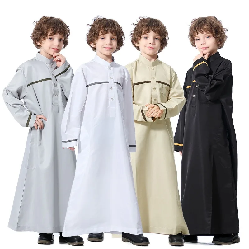 

Ramadan Eid Al Fitr Islamic Boys' Robe Children's Traditional Arabic Solid Color Long Sleeve Stand Tie Pocket Boys' Robe