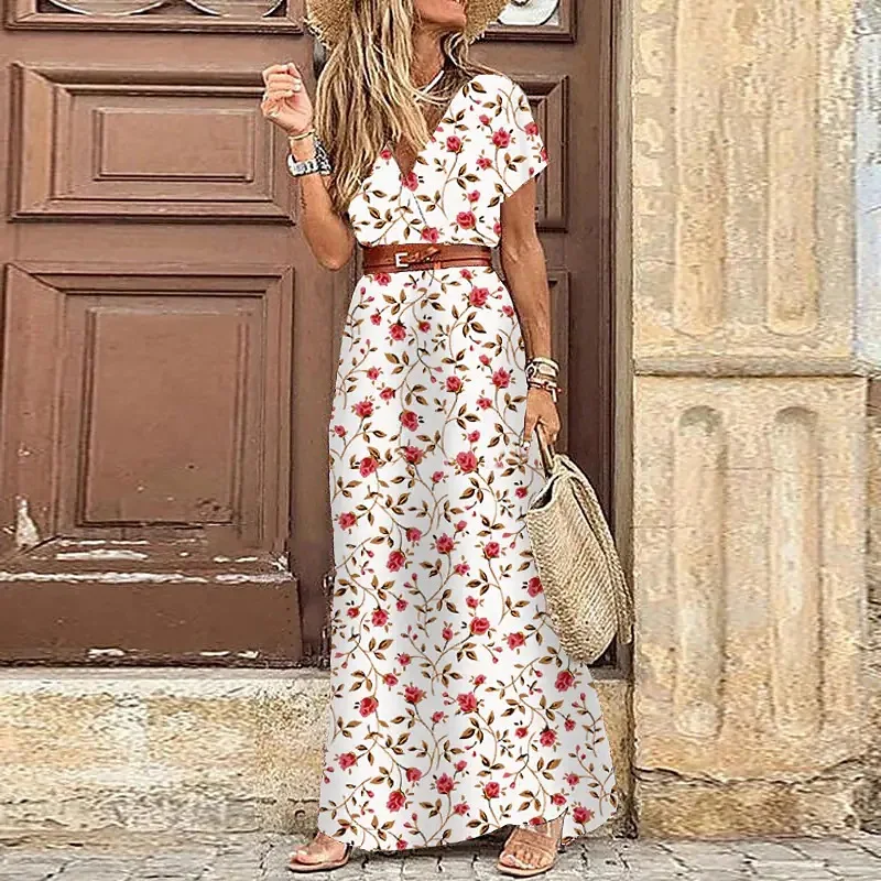 Women's 2023 Floral Summer Dress Wrap V Neck Short Sleeve Belted Ruffle Hem Bohemian Maxi Sun Dresses with Belt A Black