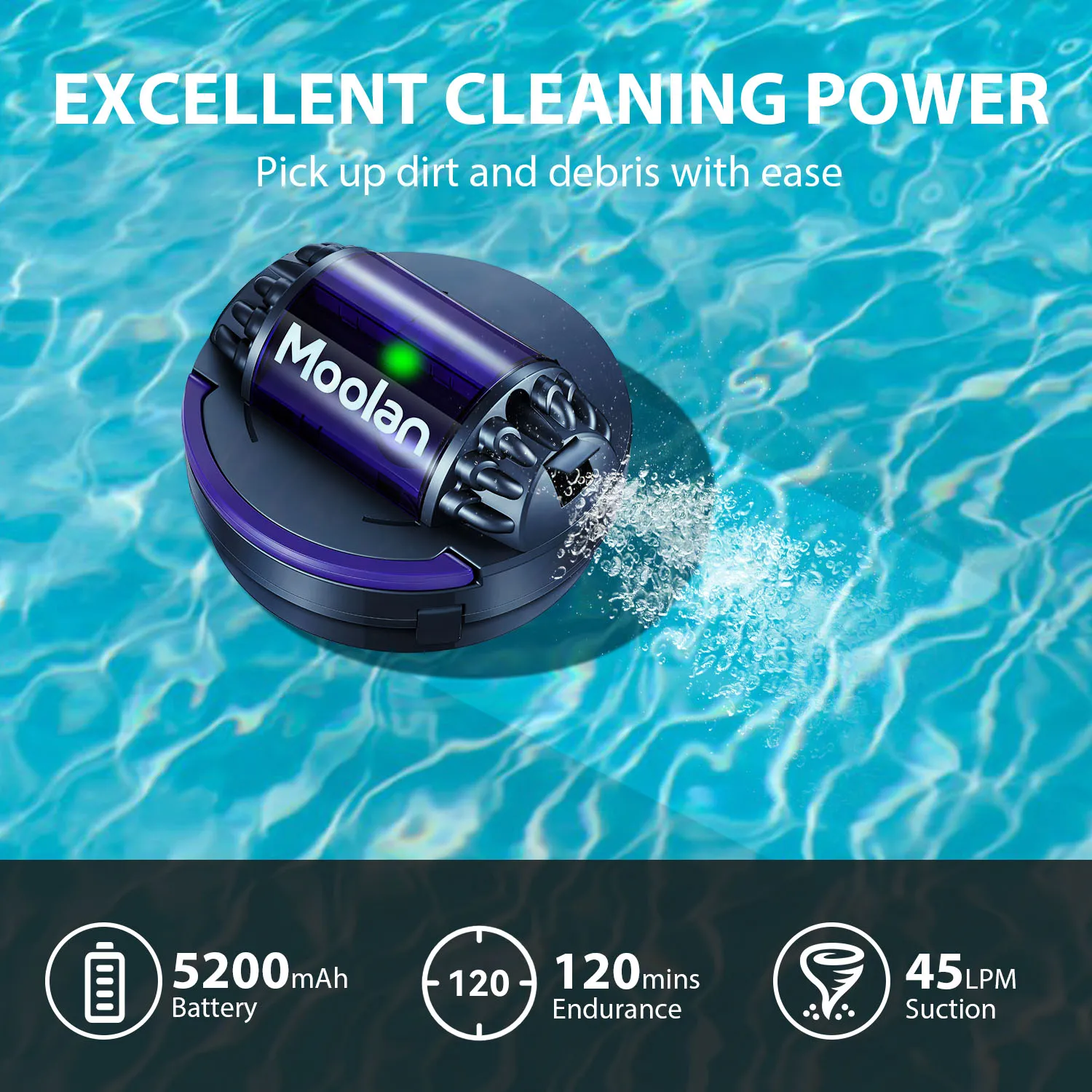 Moolan Automatic Swimming Pools Cleaner 120Mins Runtime Powerful Cordless Pool Robotic Vacuum Cleaner for Above & In-Ground Pool