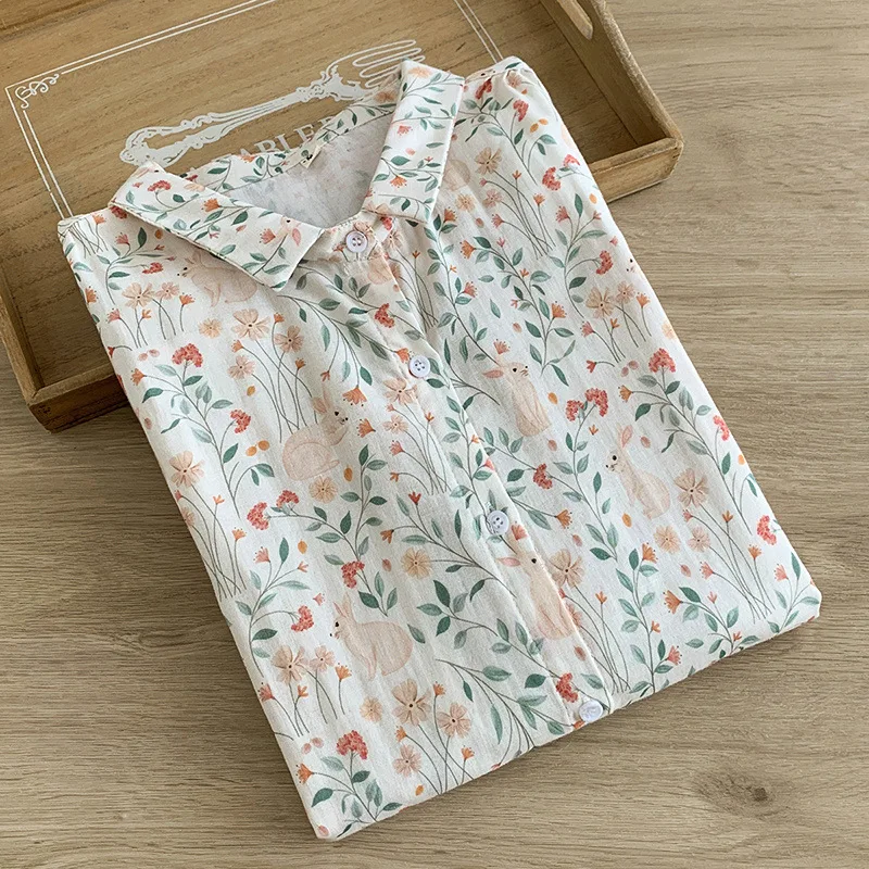 Mori kei clothing Japanese style lapel plant leaves rabbit printed shirts long sleeve women blouse chubby woman autumn clothing