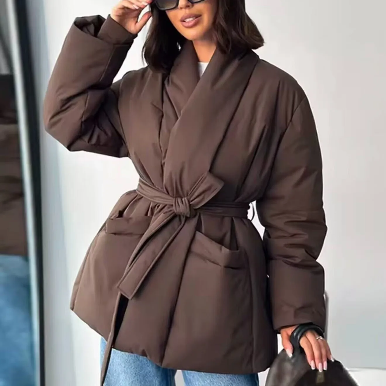 Nouveau automne hiver femmes Faionable couleur Pure ceinturé ample chaud coton Jaet vêtements d'extérieur simple bouton Long Sve costume col