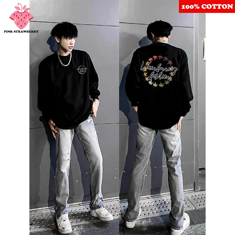 

American Street Maple Leaf Print T-shirt Men Autumn 2025 New 100% Cotton Black O-Neck Long sleeves T-shirt Y2k Top Men clothing