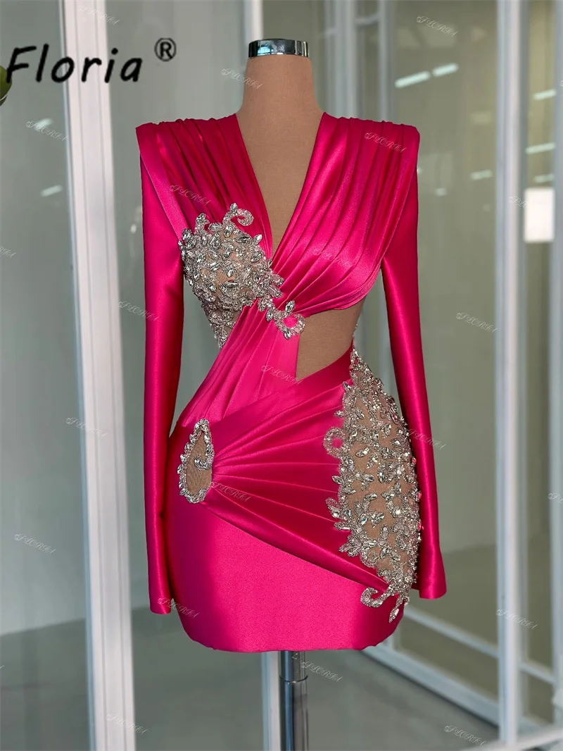 Fushia Short Cocktail Dress Crystal Pleats V Neck Long Sleeve MIni Formal Occasion Evening Wear Prom Dress Custom Made 2024 Chic