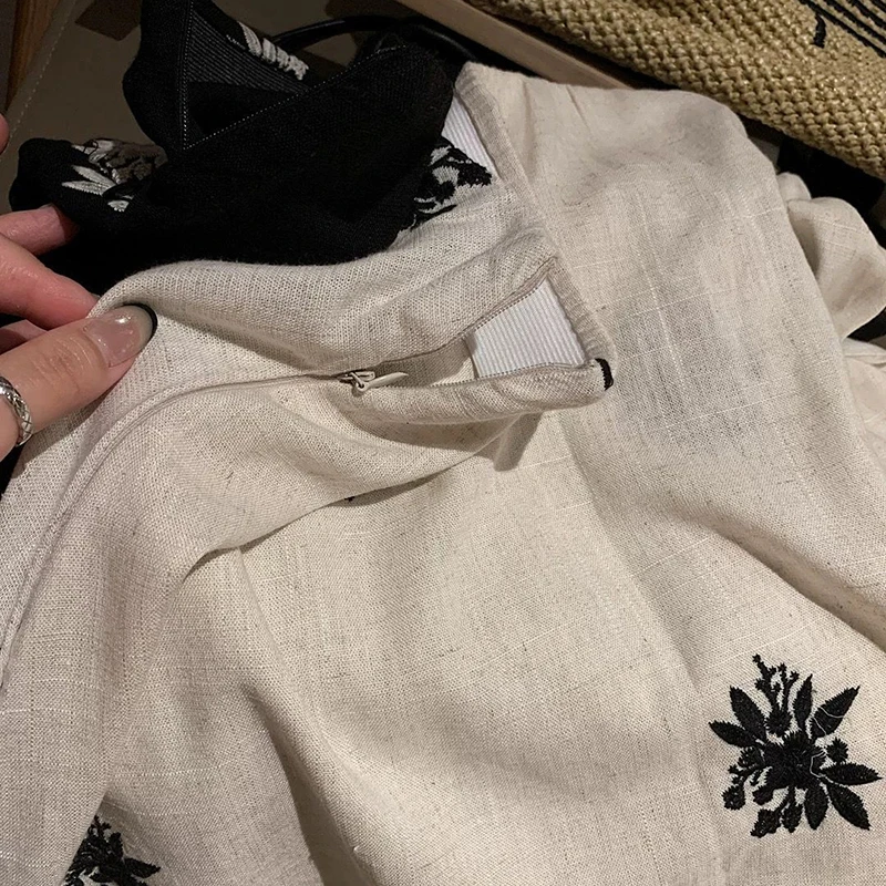 Linnen Geborduurde Rok Vrouwen Kant Patchwork Hoge Taille Een Lijn Chique Rok Harajuku Y2K Strand Vakantie Lange Rok