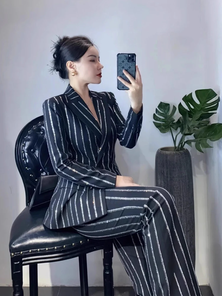 Luxury Striped 2 piece set for women Rhinestone double breasted blazer And Flare pants 2024 Autumn winter Office lady suit 4O083