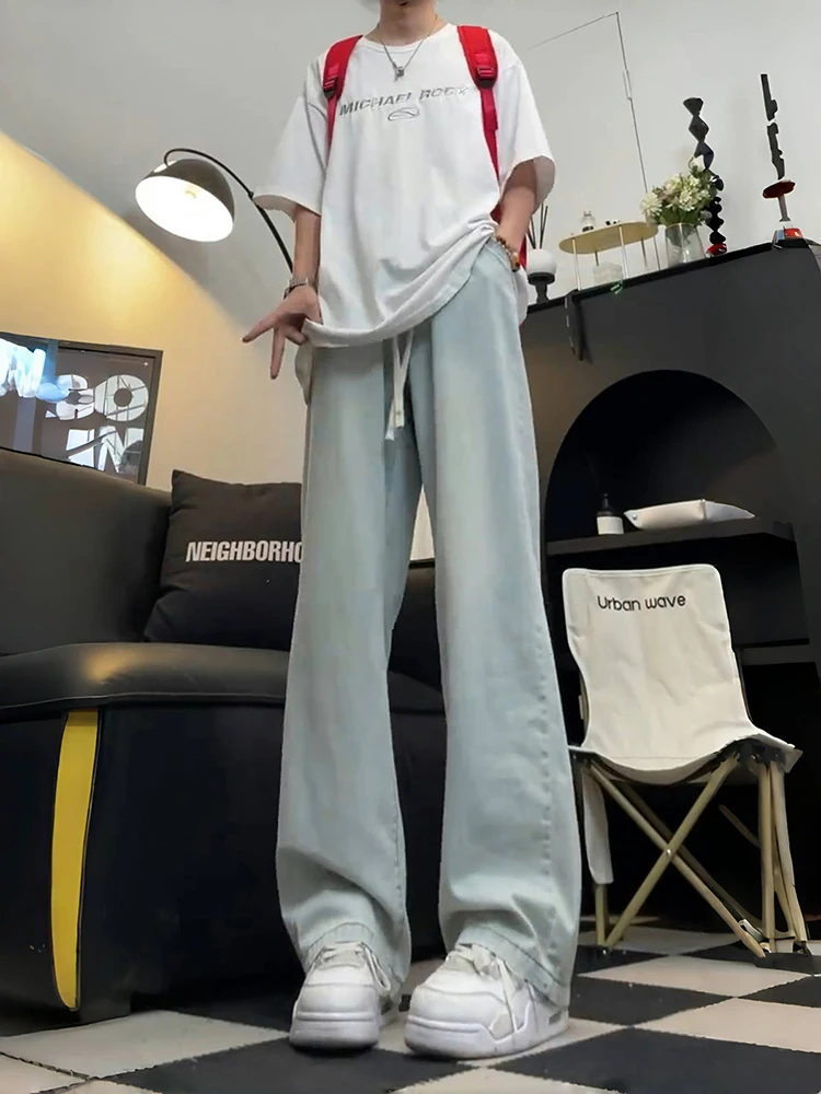 

Мужские джинсы из ледяного шелка, летние тонкие крутые брюки Lenzing, удлиненные драпированные прямые длинные брюки с высокой талией