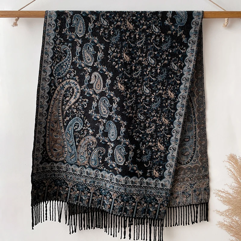 Ethnic Style Outdoor Travel Women Paisley Jacquard Scarf Thick Cashmere Tassel Shawl Winter Warm Neck Wrap Pashmina Floral