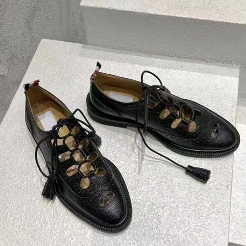 Women's genuine leather loafers 2024 British style new lace up hollow round toe high-end cowhide neutral formal low heel shoes