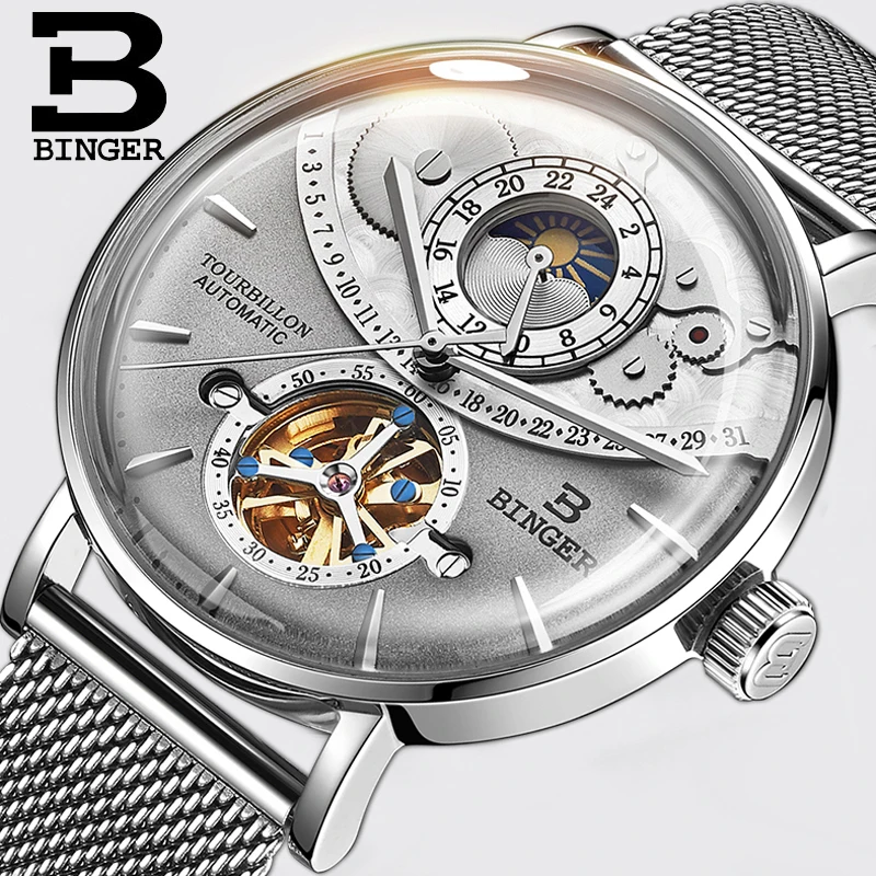 

Binger Switzerland Top Brand For Mens Tourbillon Automatic Wristwatch Moon Phase Relogios Masculino ساعات ميكانيكية Mechanical
