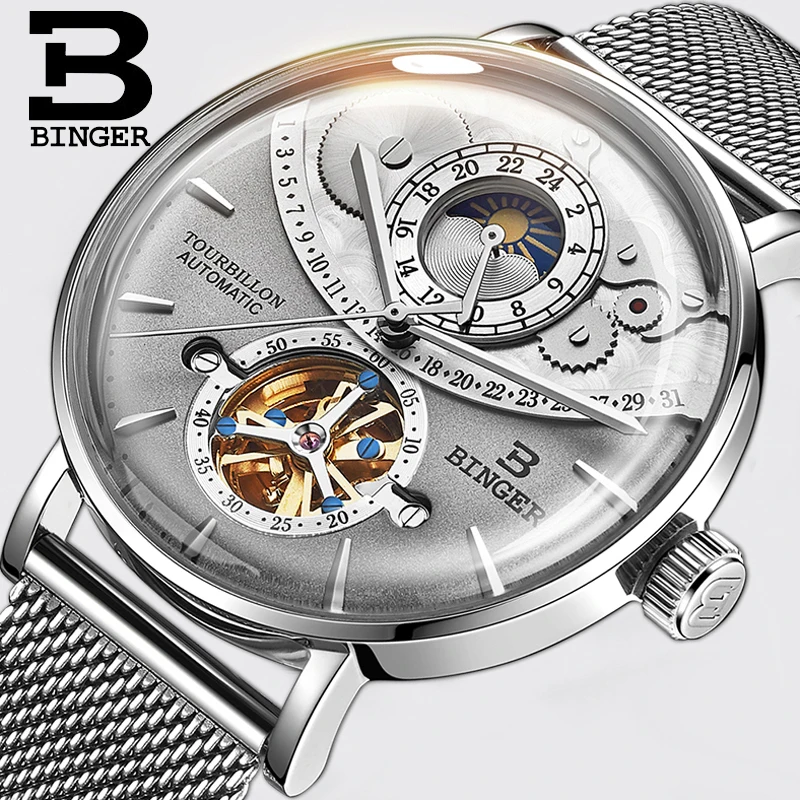 Binger Switzerland Top Brand For Mens Tourbillon Automatic Wristwatch Moon Phase Relogios Masculino ساعات ميكانيكية Mechanical