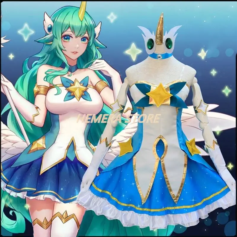 LOL Game Panoramic Star Soraka Cosplay Costume, The Starchild Wig, Ears Horn Anime, Lolita fur s, Sexy Women, Green imbibé, Halloween