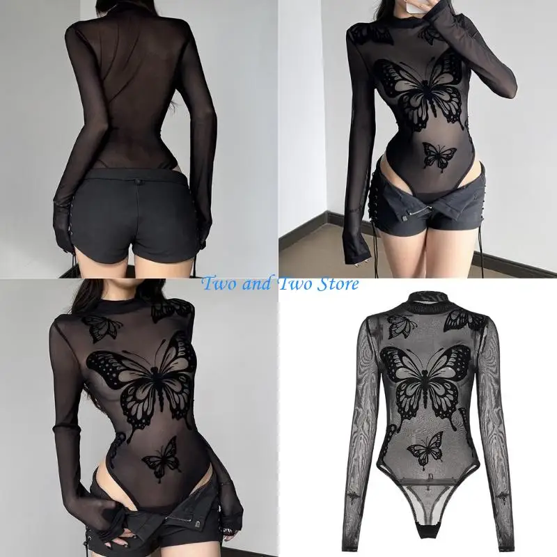 HX6F Long Sleeve Mesh Fabric Butterfly Print Fit Bodysuit Party Wear for Women