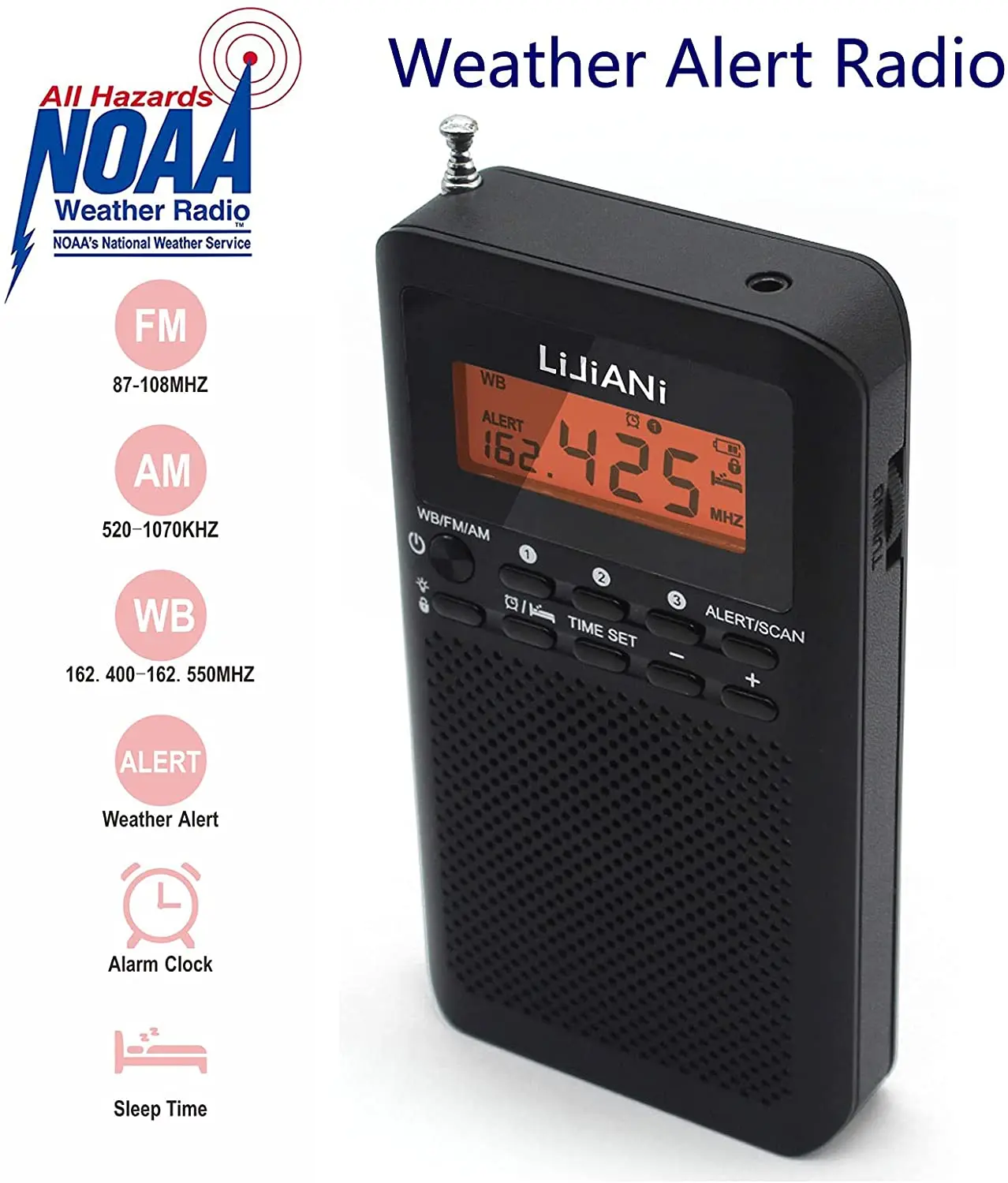 Portable NOAA Weather AM FM Radio Battery powered by AA Battery with Stereo Earphone, Digital Alarm Clock sleep-US only versin