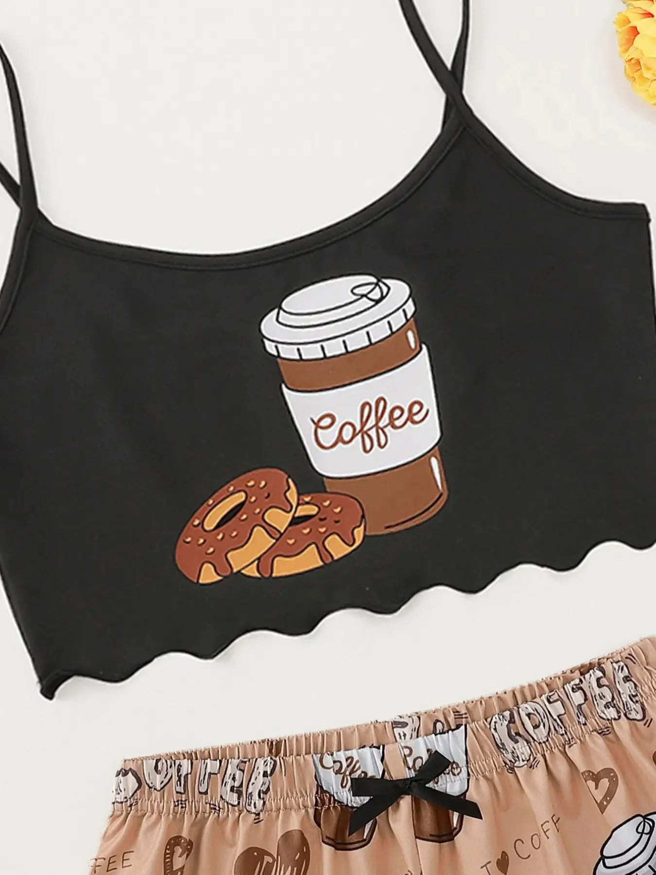 2PCS Cute & Comfy Coffee Bread Print Pajamas Sleeveless Pajama Top & Pajama Shorts Set Women\'s Loungewear & Sleepwear