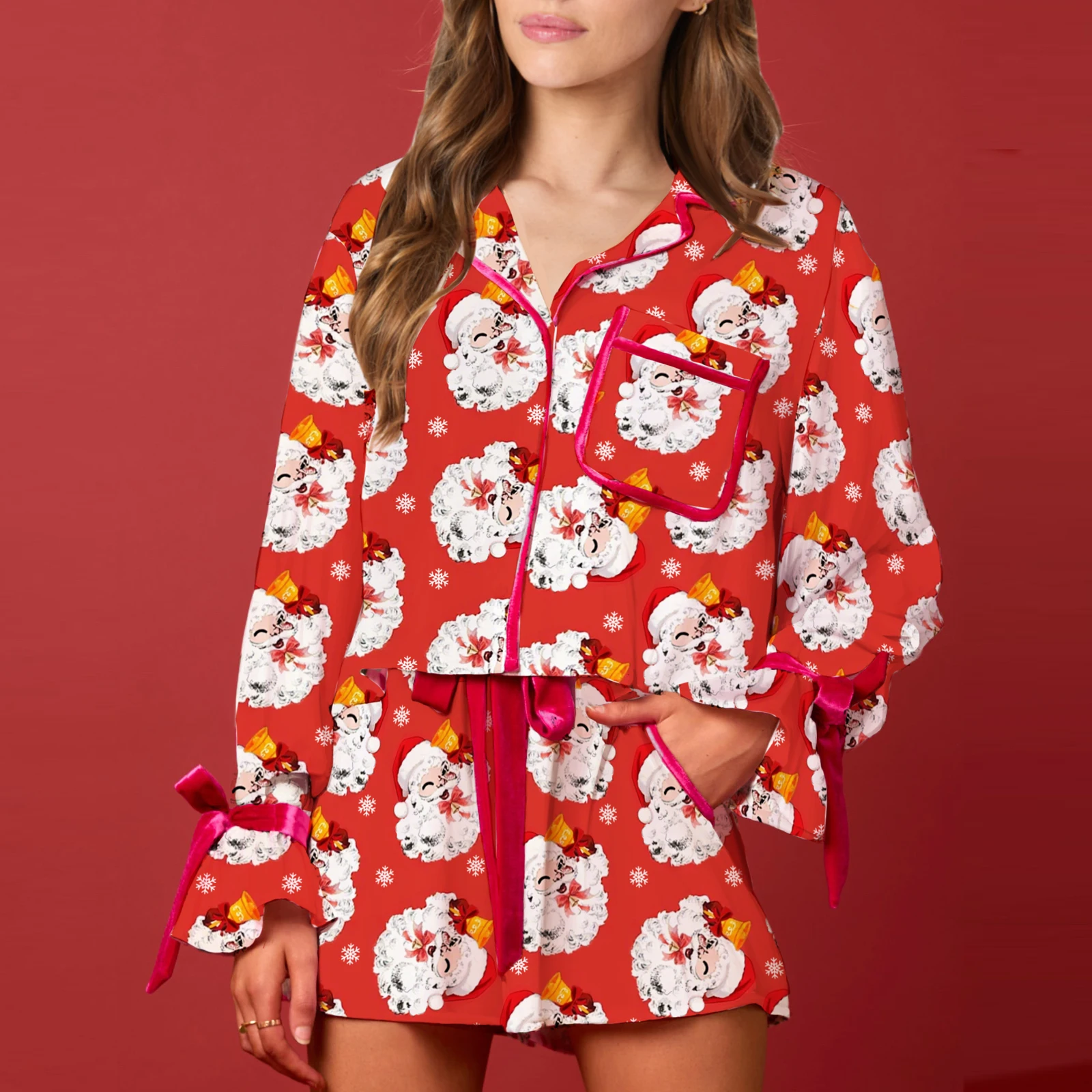 

Women Fashion Christmas Pajama Sets Tie-up Flare Long Sleeve Santa Claus Print Pocket Shirts+Shorts Xmas Loungewear Sleepwear