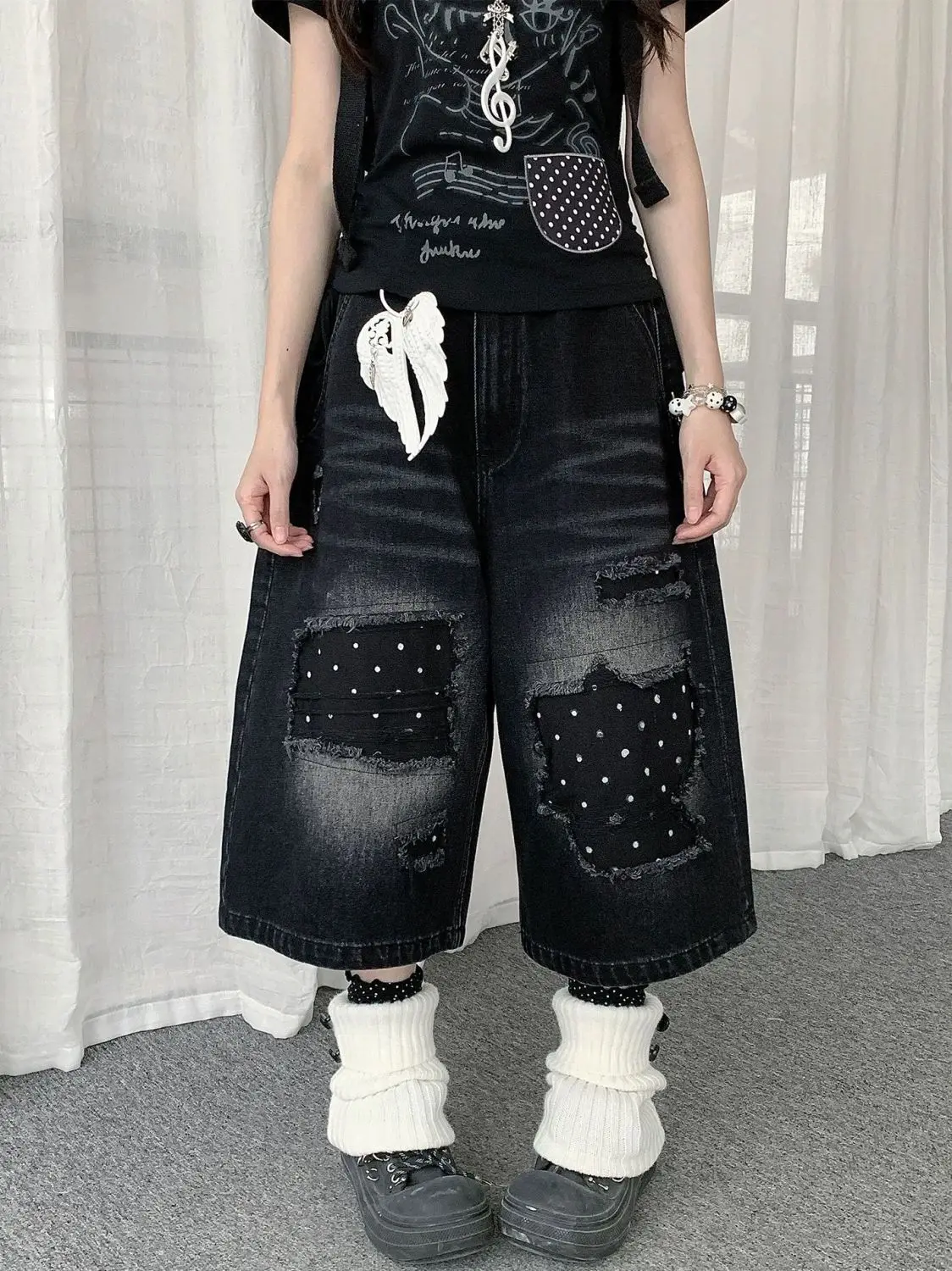 American-style retro polka dot denim capri pants for women streetwear straight-leg loose-fitting slimming wide-leg trousers Y2K