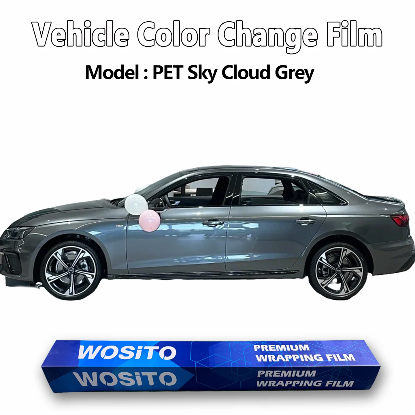 PET Sky Cloud Grey Car Wrap Film Audi OEM Inspired Gloss Metallic Light Grey Auto Color Change Vinyl Wrap
