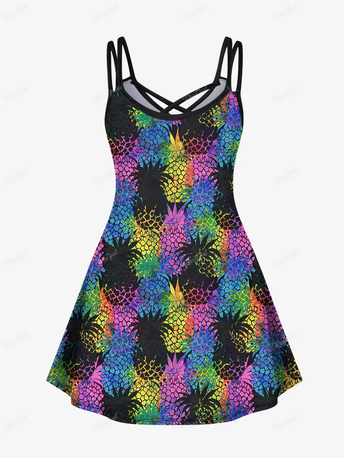 Plus Size Women Sleeveless Vestidos 2024 New XS-6X Hawaii Plus Size Colorful Pineapple Colorblock Print Crisscross Cami Dress