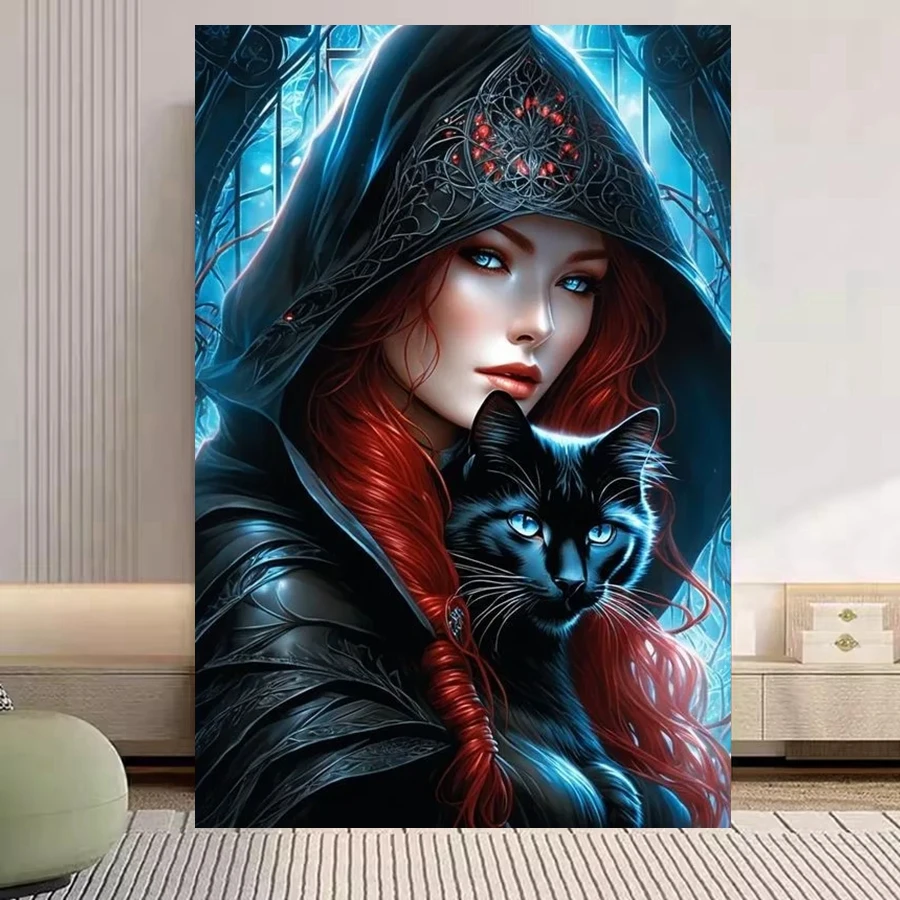 Witch Beauty And Black Cat Halloween Diamond Pinting Art Diy 5d Full Drills Gothic Elf Mosaic Cross Stitch Home Decor Gift