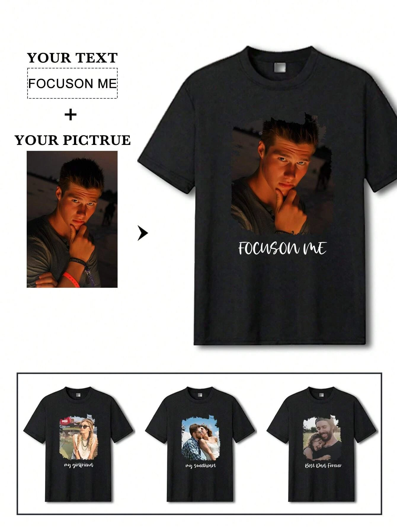 

Men's Custom Photo Funny T-shirt Personalized Custom Photo T-shirt Family Party Valentine's Day Gift Pure Cotton Black T-shirt