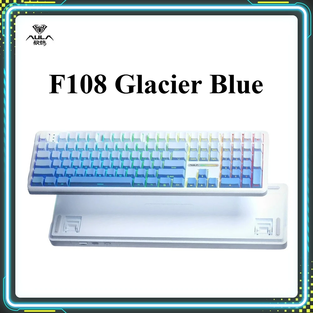 

Рекламные продукты AULA F108 Glacier Blue Игровые клавиатуры RGB с горячей заменой Беспроводная трехрежимная пользовательская клавиатура Аксессуары для ПК Подарки