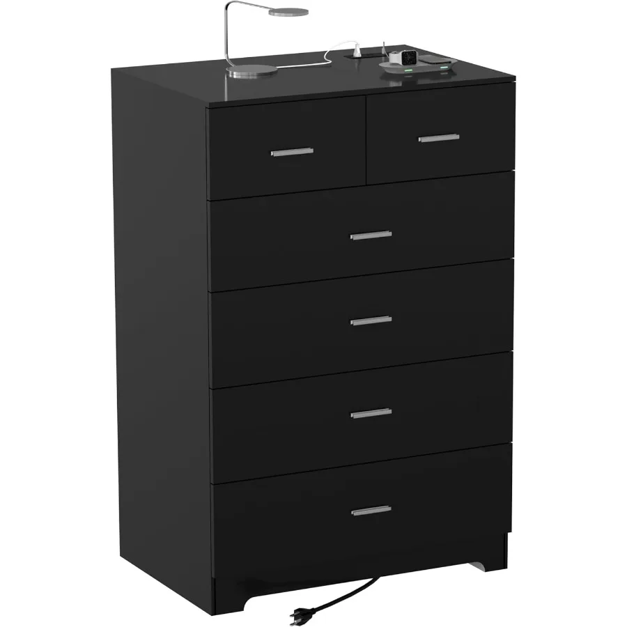 Wooden 6-Drawer Dresser with Integrated Power Outlets and Large Storage Organizer in Black Finish Tall Modern Chest of Drawers