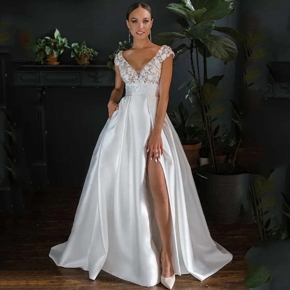 Sexy cetim vestidos de casamento elegante applique 3d flroal boné mangas vestidos de noiva sem encosto lateral fenda vestido de novia para noiva rob