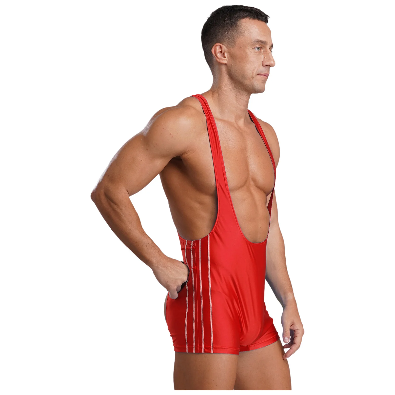 Mens Lingerie One Piece Singlets Wrestling Mankini Costume Glossy Bodysuit Racer-back Hollow Out Open Butt Boxer Shorts Jumpsuit