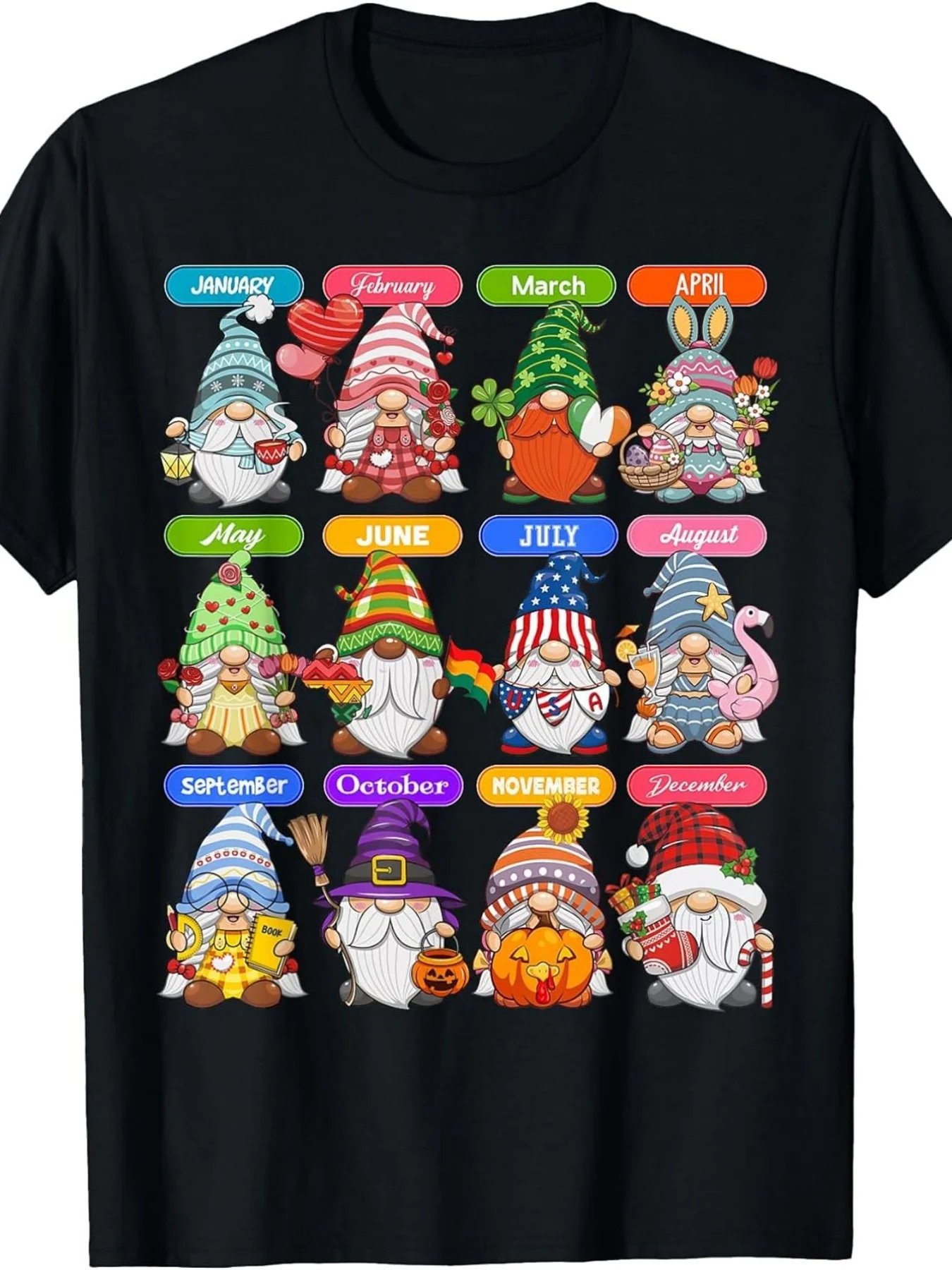 Retro Monthly Gnome T-Shirt - - Round Neck Casual Shirt with 12 Holiday Gnomes for Year-Round Wear | Machine Washable Apparel Suitable for Parties, Gifts & Everyday Outfits (No Text)