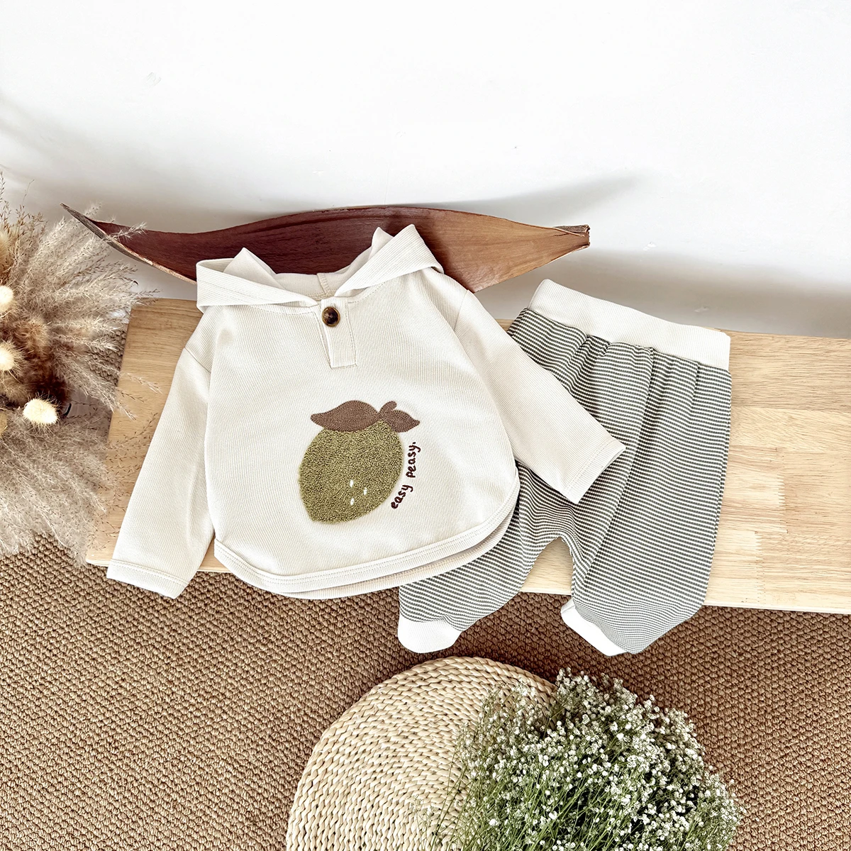 Unisex Baby 2Pcs Outfit Pear Embroidery Lapel Long Sleeve Top Striped Pants Toddler Spring Soft Clothes Set