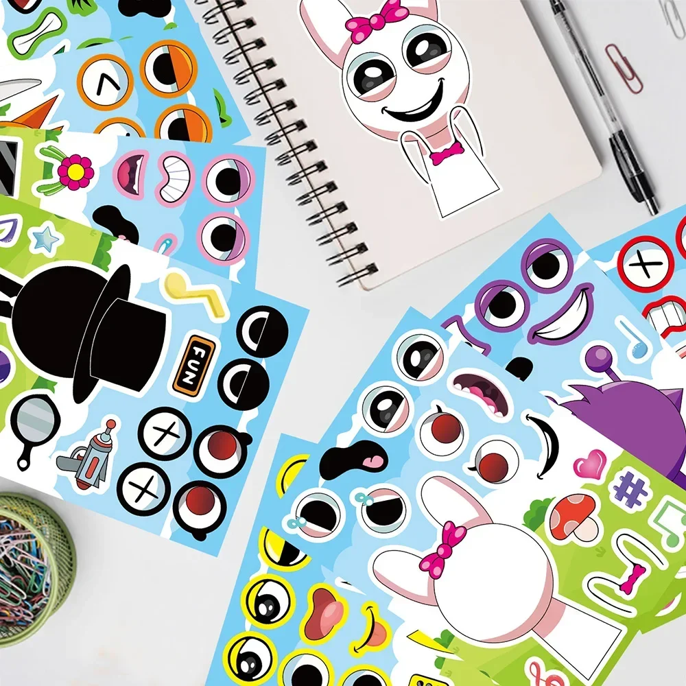 8/16 листов Incredibox Sprunki, наклейки-пазлы, детские наклейки для лица, Райдер, аниме, сборка, головоломка, детская игра «сделай сам», украшение для вечеринки