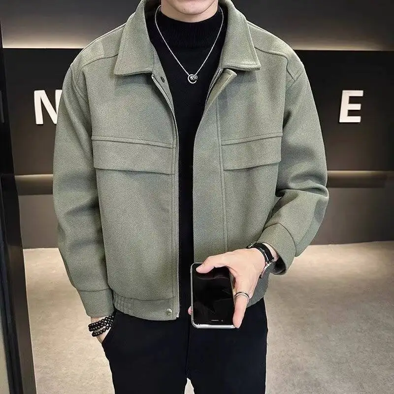 2026 New Men's Short Jacket Autumn Winter Splicing Turn Down Collar Casual Outerwear Korean Style Loose Fit Trendy Coat