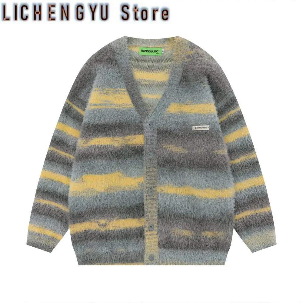 Hip Hop Striped Plush Thickened Men's Cardigan V-neck Fashionable Casual Loose Sweater Couple Streetwear Loose Knit