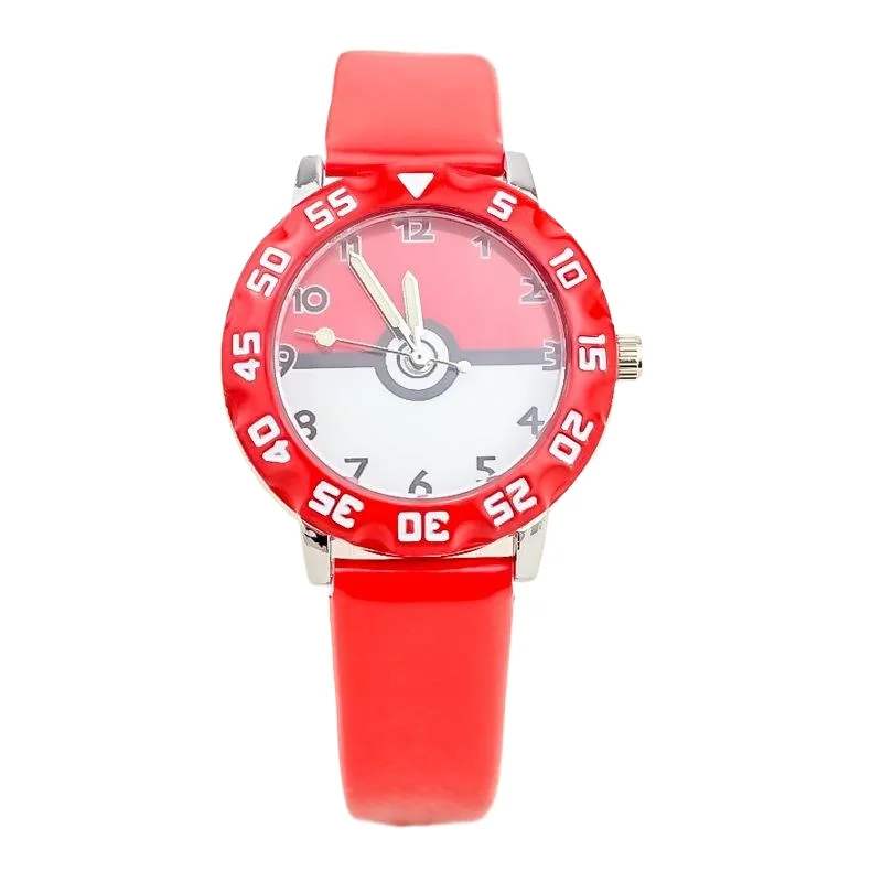 Miniso Anime Cartoon Pokemon Poké Balls Round Quartz Boys Girls Student Watch Children Leather Belt Wristwatch Christmas Gifts