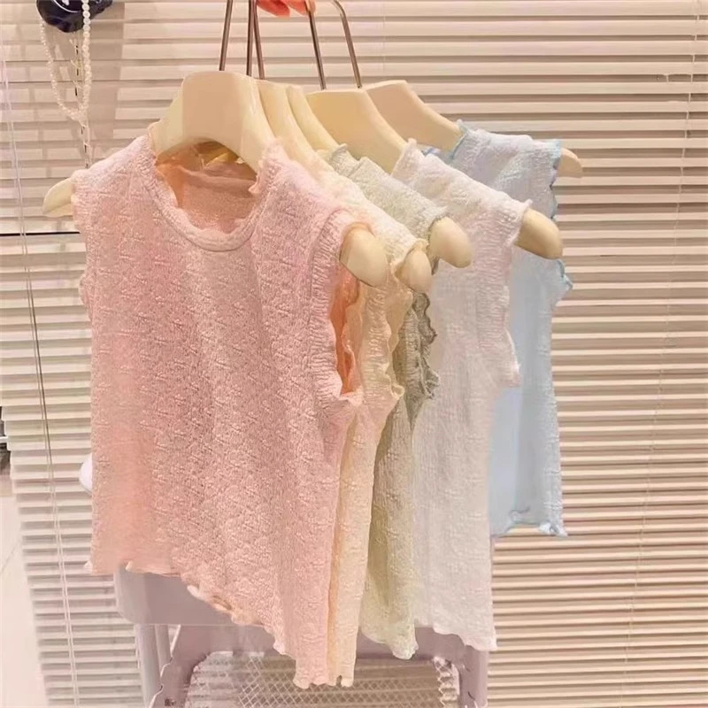 Girls Fashionable Soft Lace Tank Top 2024 Summer New Childrens Casual Five Colour T-shirt Kids Clothes Girl Summer Vest