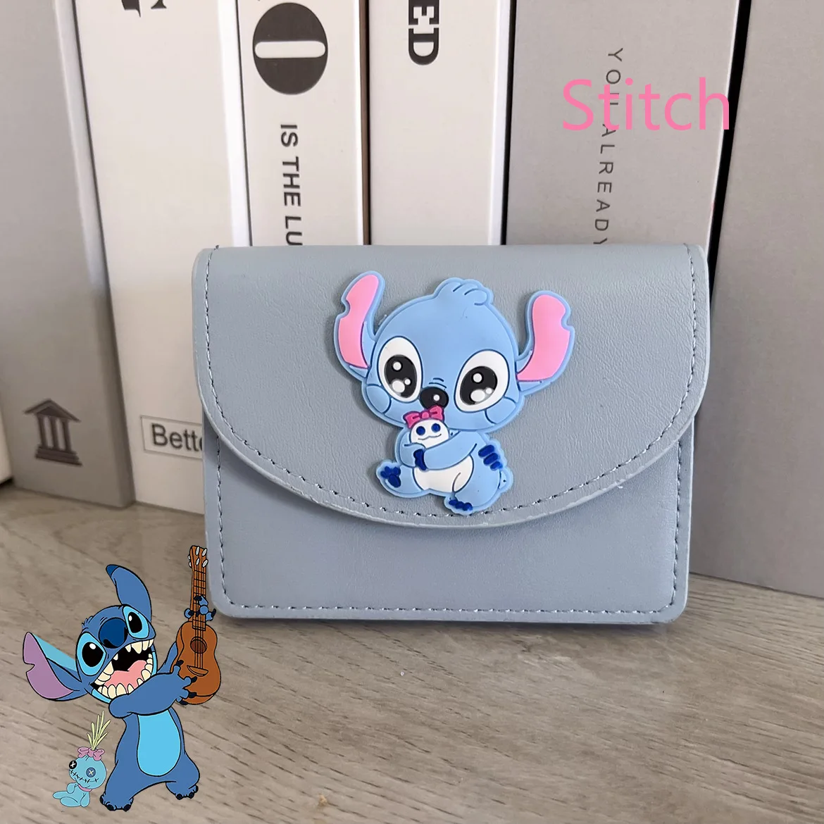 Disney Stitch Leather Three-layer Card Bag Anime Short Solid Color Wallet Women Silicone Patch Coin Purse Portable Card Holder