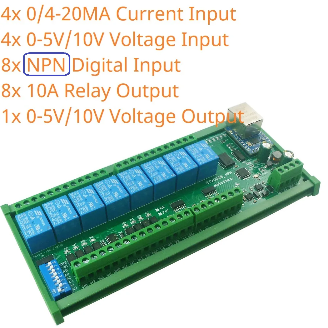 8CH Modbus RTU IO Module RS485/Ethernet Optional Opto-Isolated NPN PNP Input 10A Relay Output 4-20mA 0-10V AI DC12V/24V PLC
